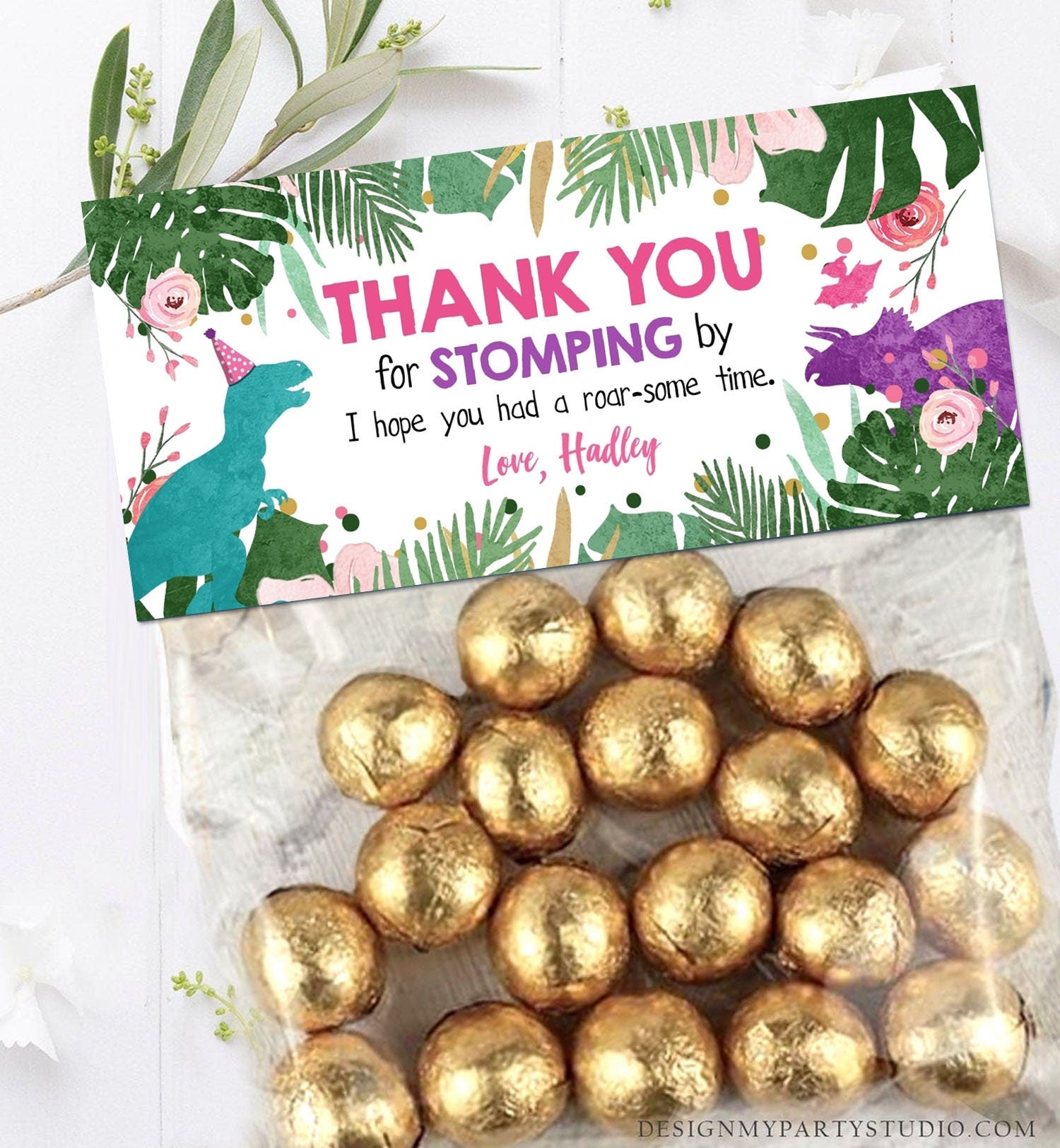 Editable Dinosaur Treat Bag Toppers Girl Pink Colored Dinosaur Birthday Thank You for Stomping By Favor Bag Corjl Template Printable 0146