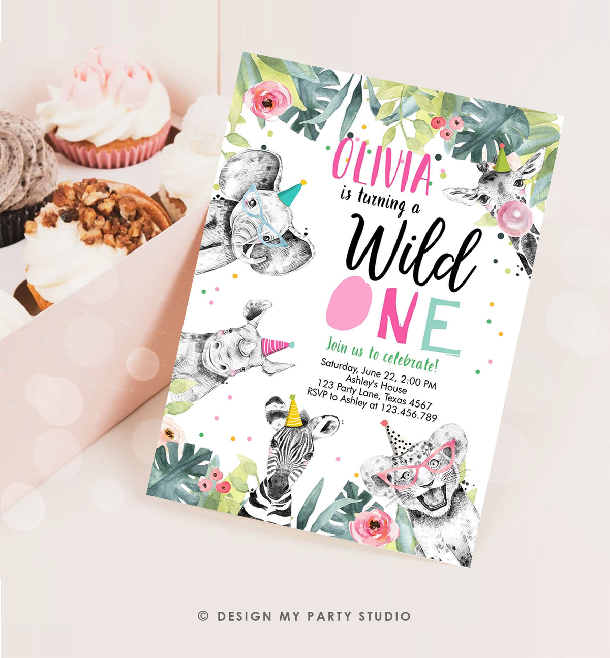 Editable Wild One Birthday Invitation Girl Safari Animals Invite Pink and Gold Party Animals Download Printable Template Corjl Digital 0322