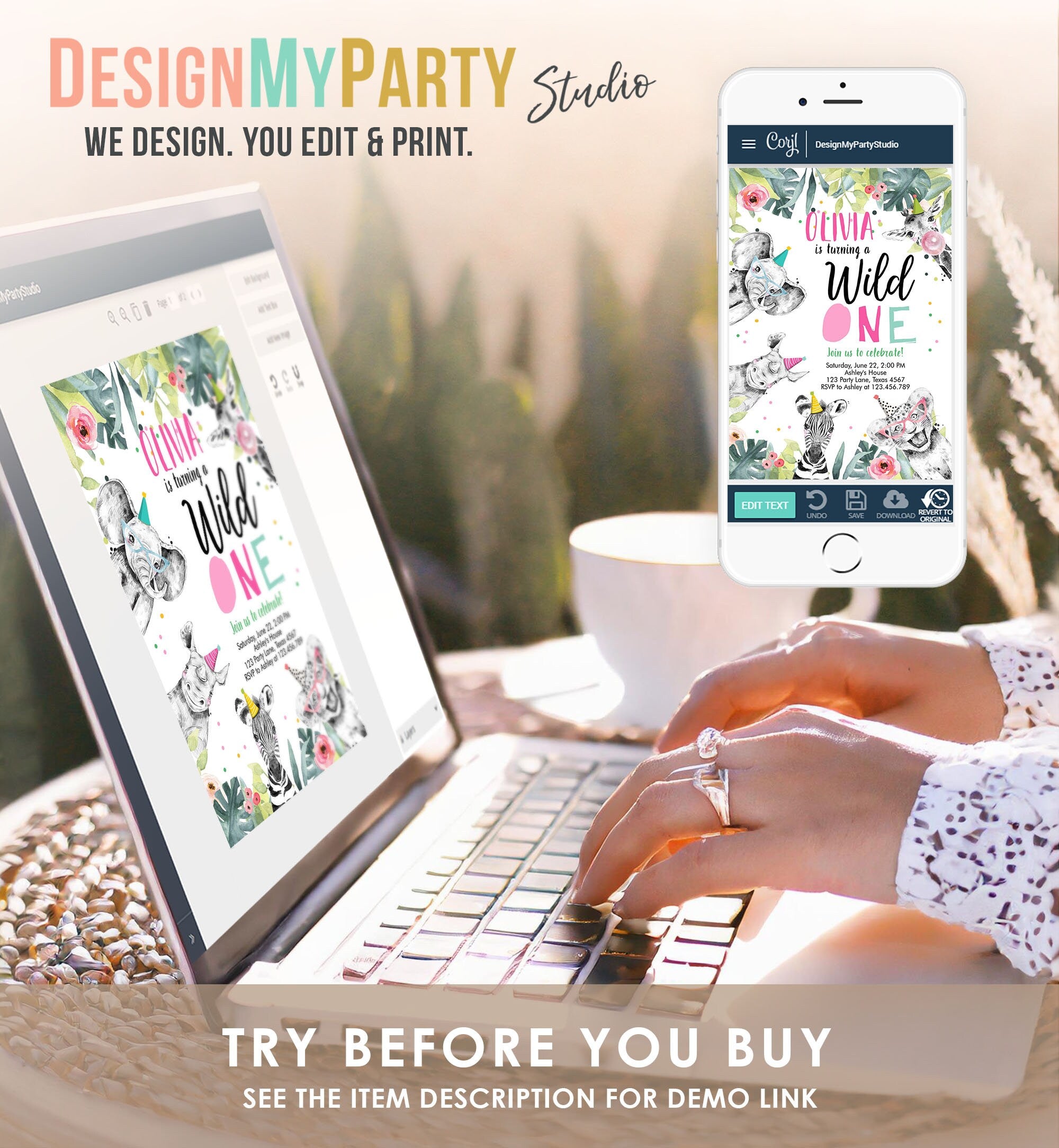 Editable Wild One Birthday Invitation Girl Safari Animals Invite Pink and Gold Party Animals Download Printable Template Corjl Digital 0322