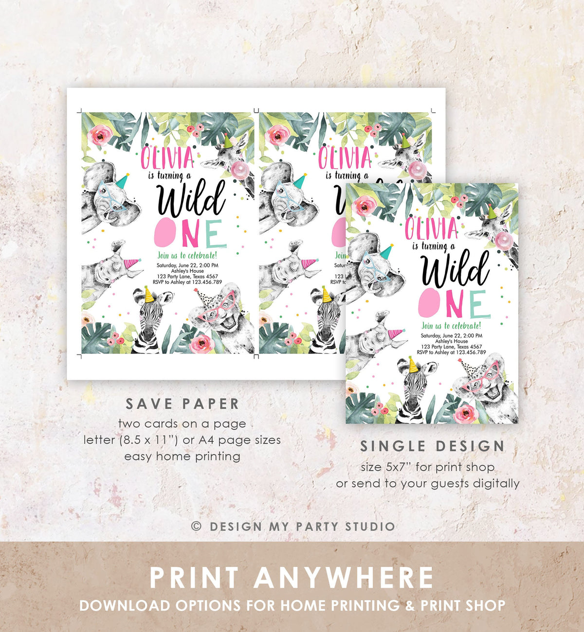 Editable Wild One Birthday Invitation Girl Safari Animals Invite Pink and Gold Party Animals Download Printable Template Corjl Digital 0322