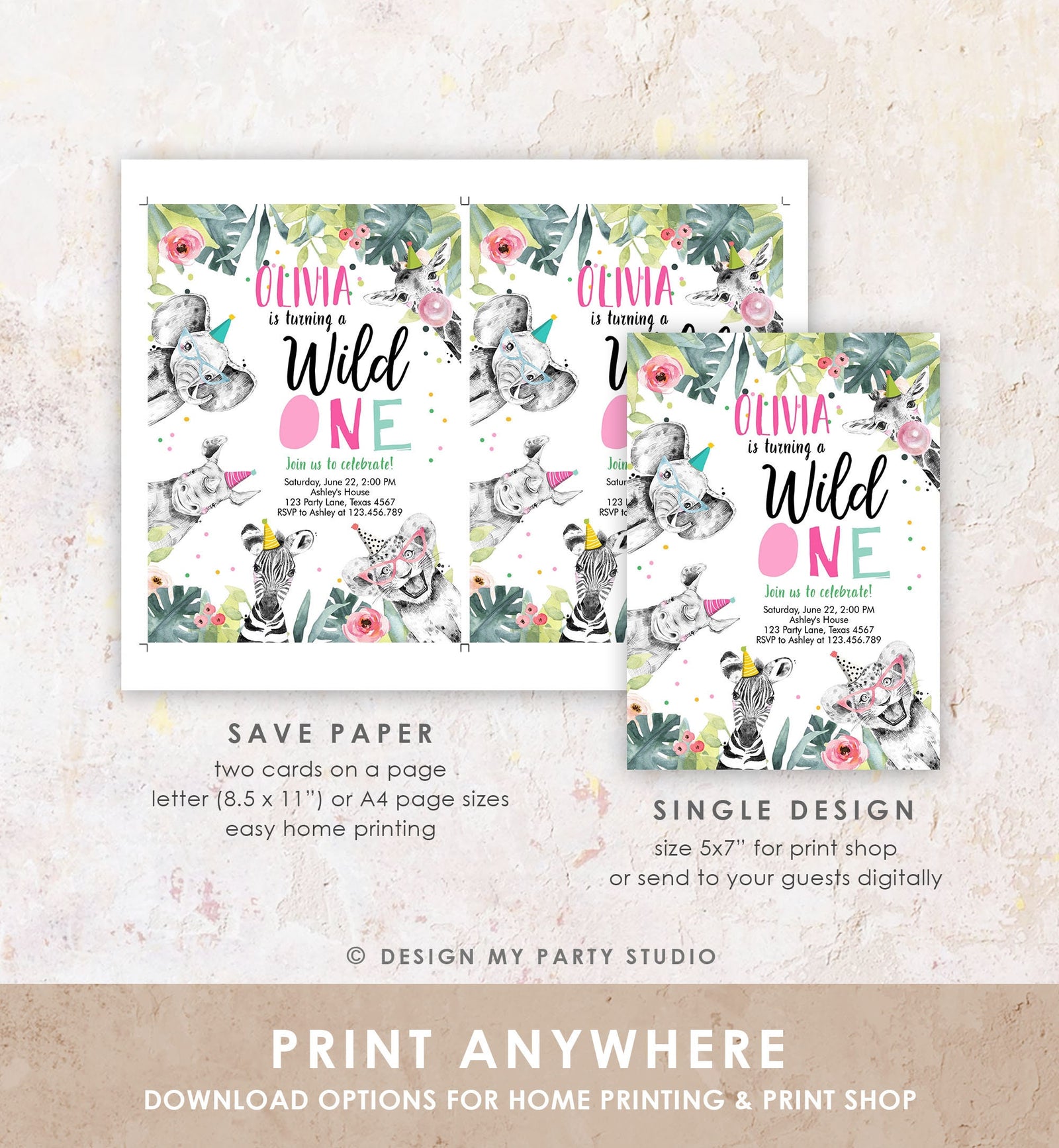 Editable Wild One Birthday Invitation Girl Safari Animals Invite Pink and Gold Party Animals Download Printable Template Corjl Digital 0322