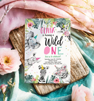 Editable Wild One Birthday Invitation Girl Safari Animals Invite Pink and Gold Party Animals Download Printable Template Corjl Digital 0322