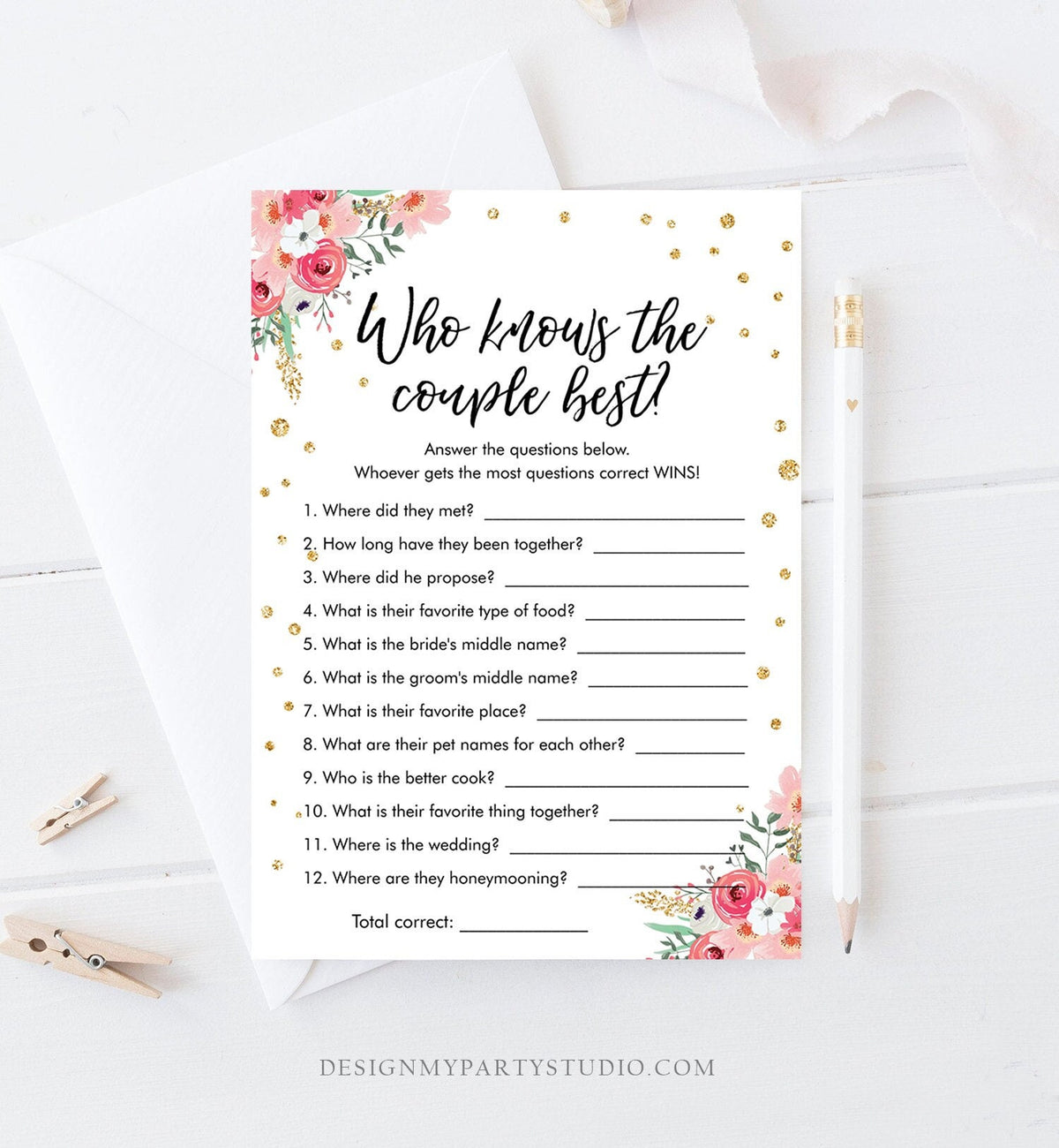 Editable Who Know&#39;s Couple Best Bridal Shower Game Floral Wedding Shower Activity Pink Gold Flowers Travel Digital Template Printable 0030