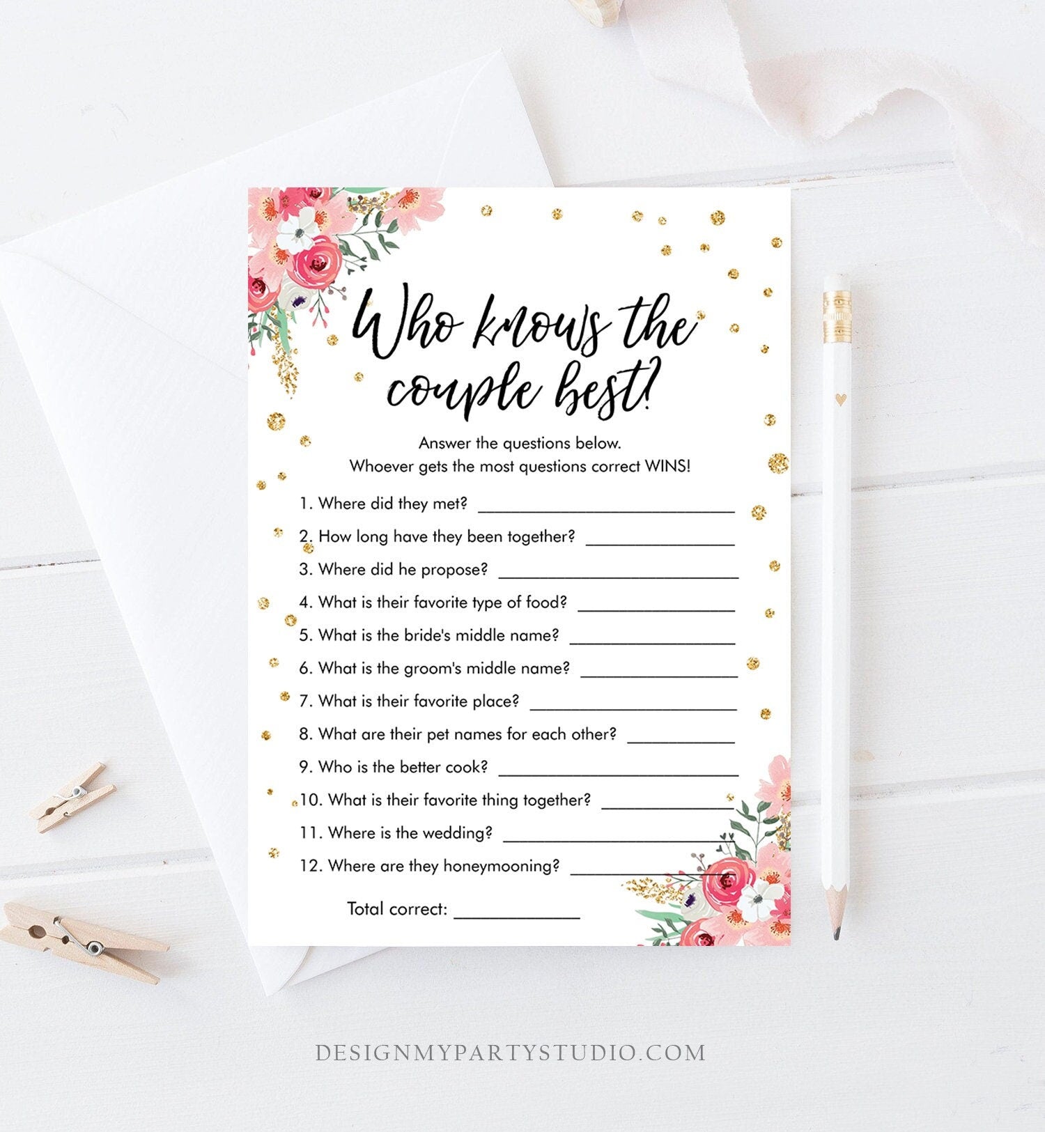 Editable Who Know's Couple Best Bridal Shower Game Floral Wedding Shower Activity Pink Gold Flowers Travel Digital Template Printable 0030