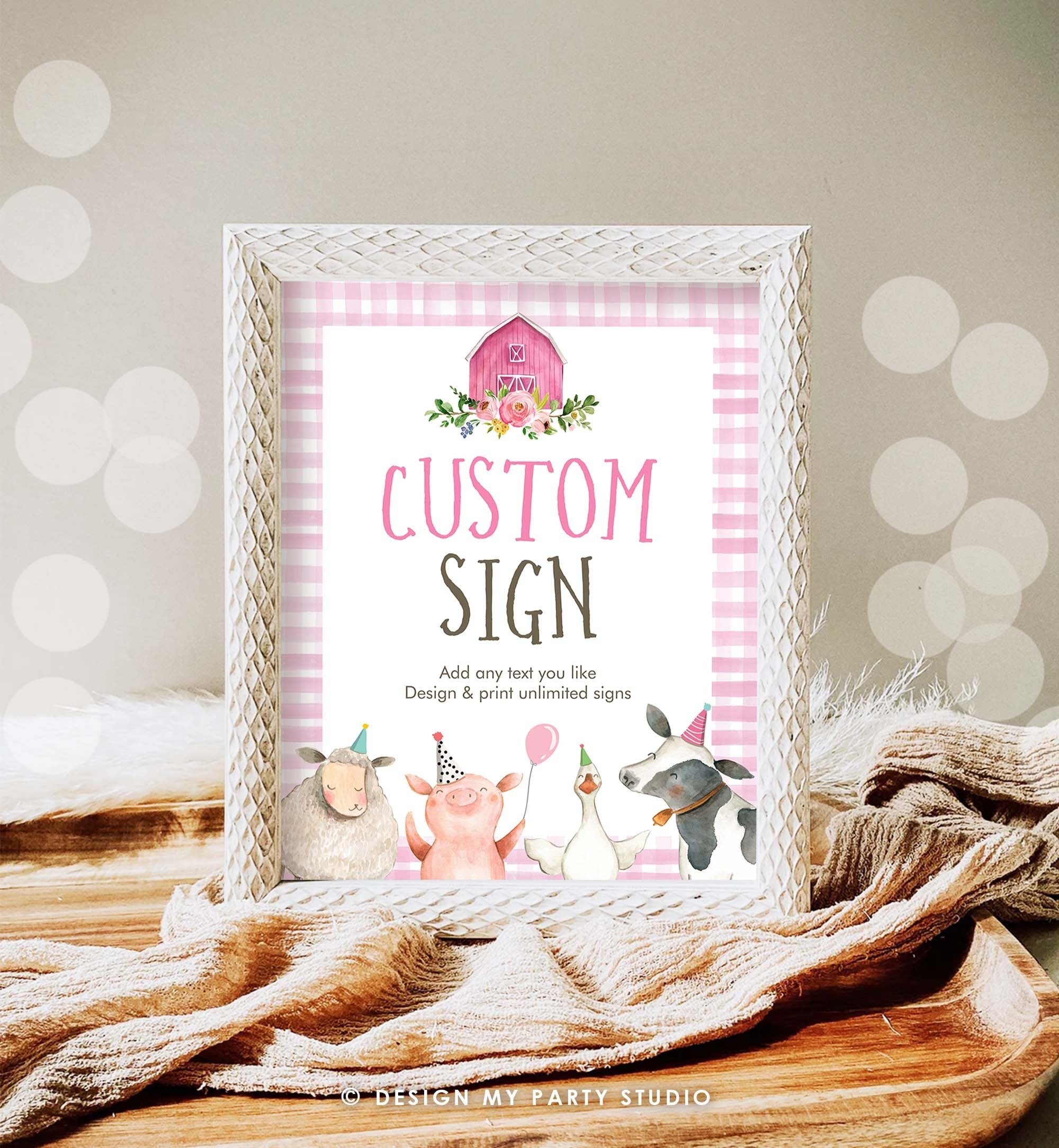 Editable Custom Sign Farm Animals Sign Pink Barnyard Birthday Decorations Girl Cow Pig Table Sign Pink Gingham 8x10 Template PRINTABLE 0155