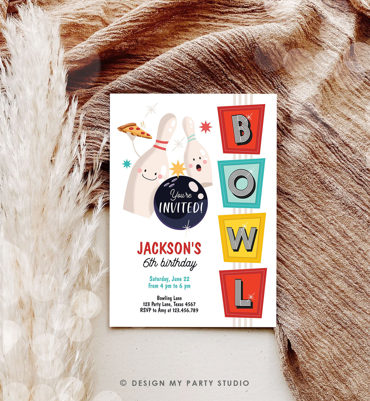 Editable Bowling Birthday Invitation Strike Up Some Fun Boy Girl Bowling Party Pizza Teen Retro Digital Download Template Printable 0505