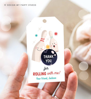 Editable Bowling Favor tags Bowling Party Boy Bowling Thank you tags Label tags Rolling With Me Labels Bowling Birthday Template Corjl 0505