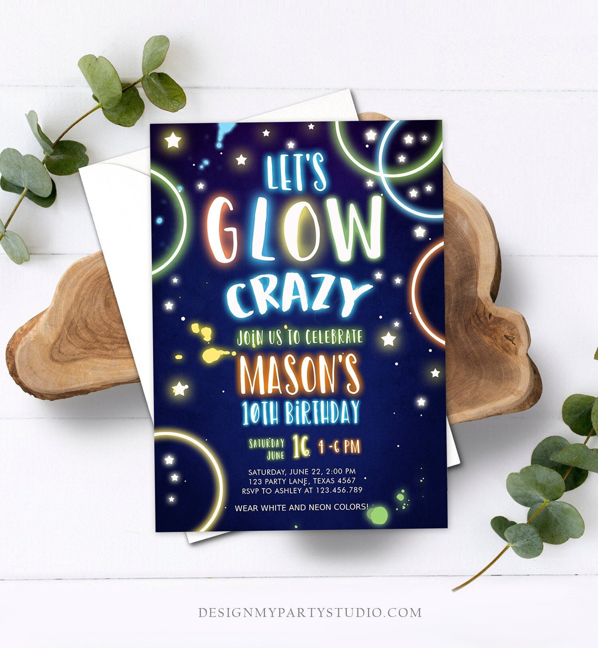 Editable Let&#39;s Glow Crazy Birthday Invitation Glow Party Neon Glow In The Dark Party Boy Teen Blue Download Printable Template Corjl 0172