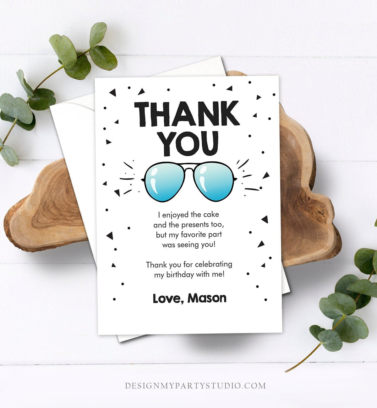 Editable Thank You Card Two Cool Birthday Boy Pilot Sunglasses Second Birthday Party Note 2nd White Photo Corjl Template Printable 0136