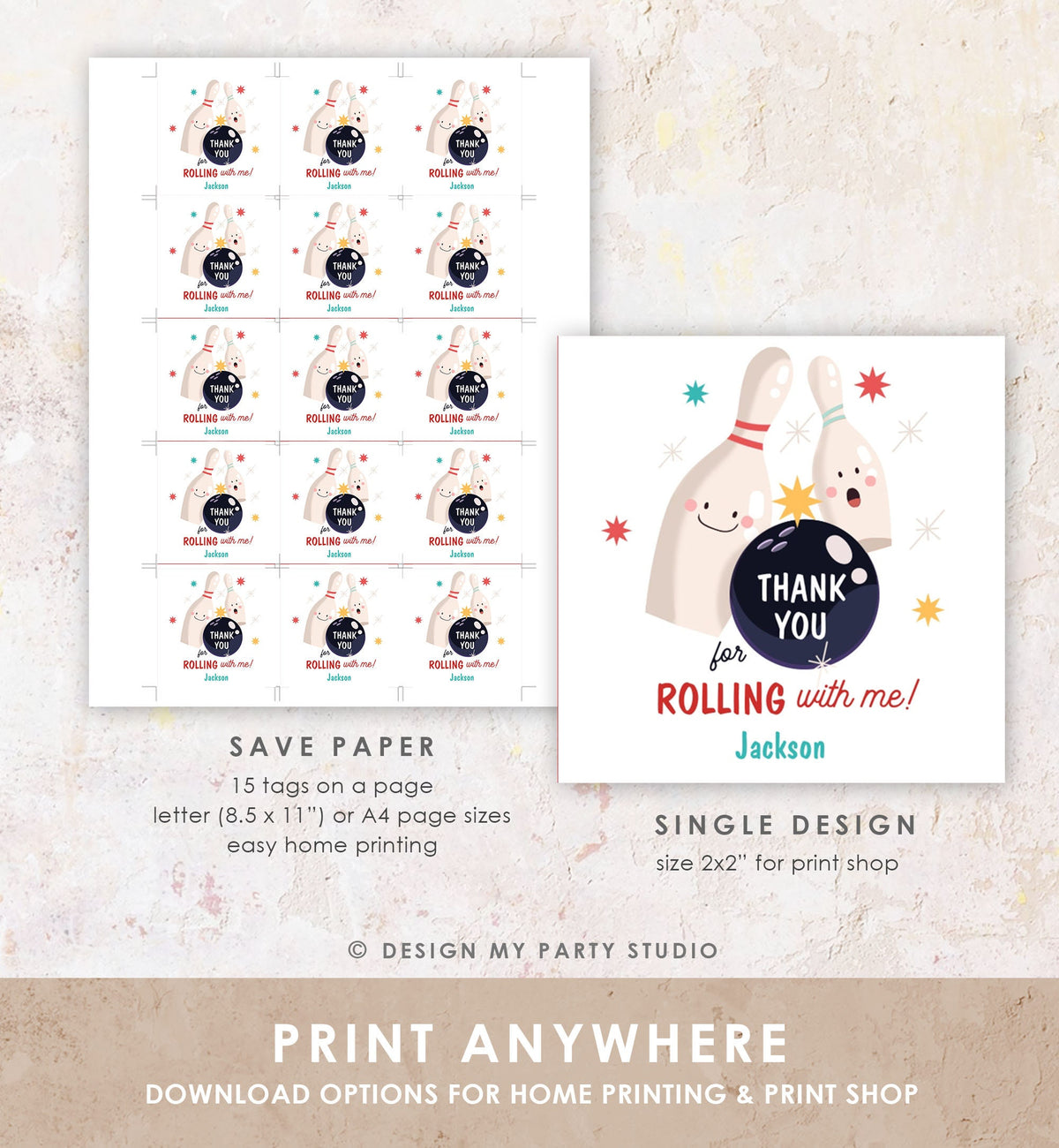 Editable Bowling Favor tag Bowling Party Boy Bowling Thank you tag Label Sticker Rolling With Me Bowling Birthday Digital Download 0505