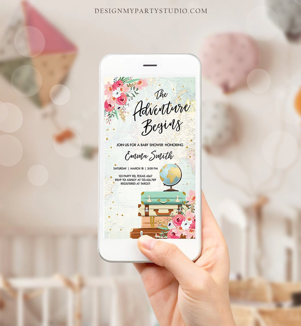 Editable The Adventure Begins Baby Shower Evite Pink Floral Gold Confetti Suitcases Travel Around World Phone Digital Evite Template 0030