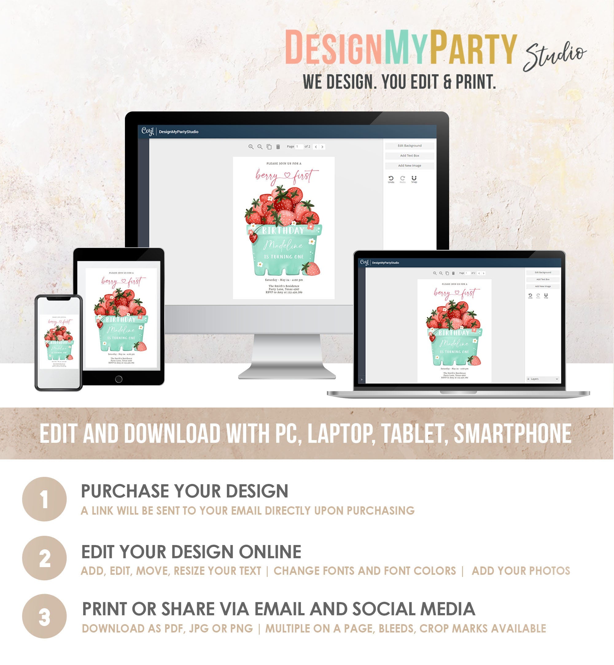 Editable Strawberry Birthday Invitation First Birthday Berry Sweet Girl Cute Strawberries 1st Digital Download Evite Template Printable 0506