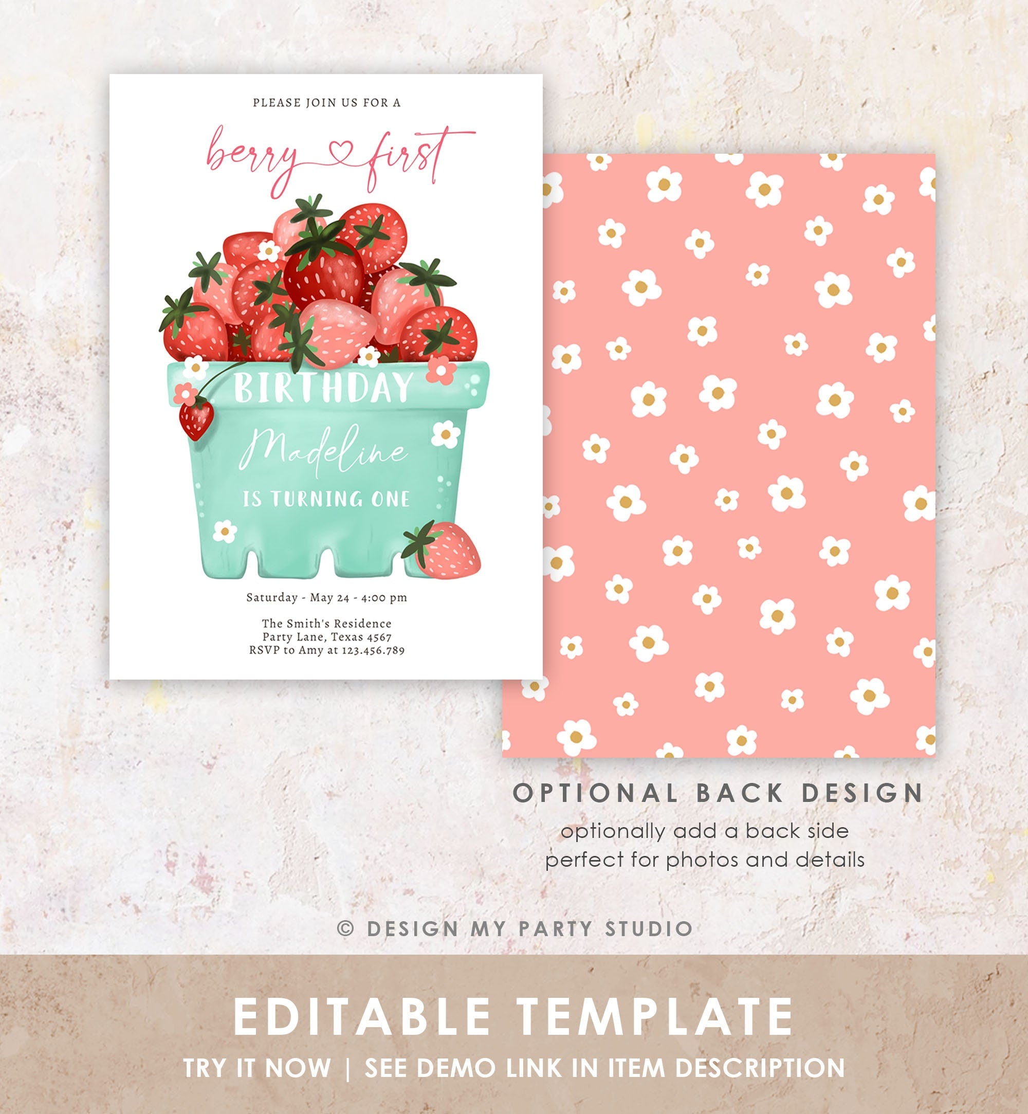 Editable Strawberry Birthday Invitation First Birthday Berry Sweet Girl Cute Strawberries 1st Digital Download Evite Template Printable 0506