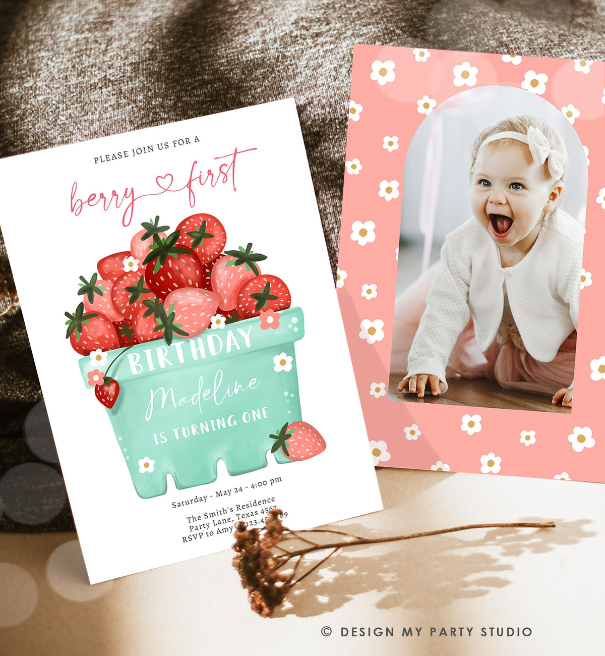 Editable Strawberry Birthday Invitation First Birthday Berry Sweet Girl Cute Strawberries 1st Digital Download Template Printable 0506