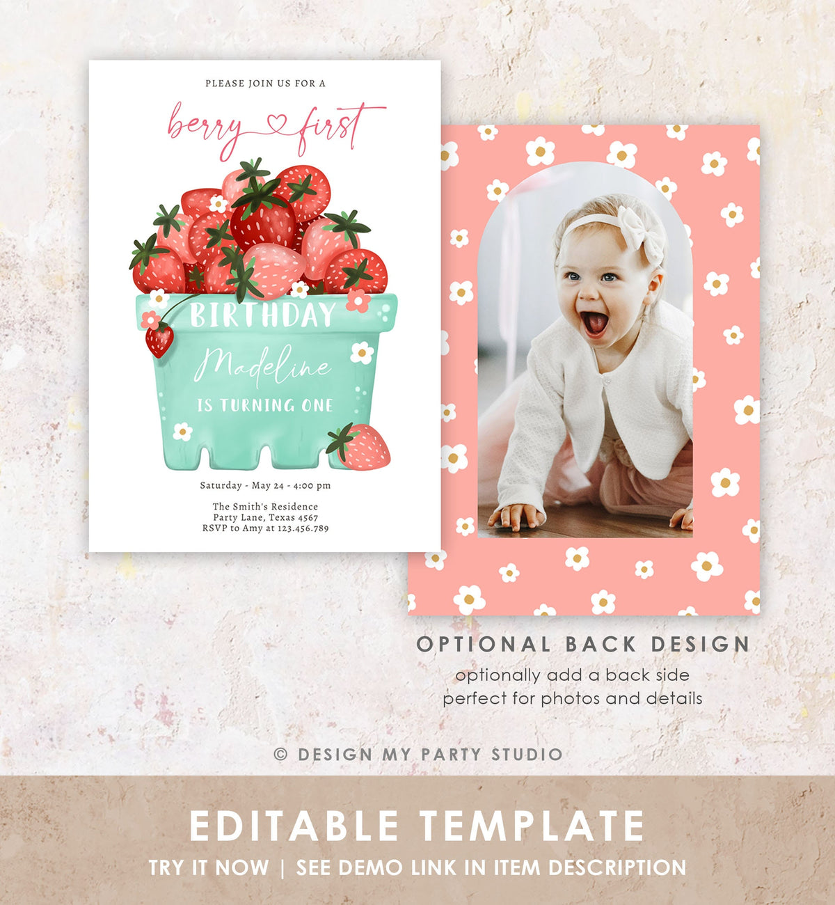 Editable Strawberry Birthday Invitation First Birthday Berry Sweet Girl Cute Strawberries 1st Digital Download Template Printable 0506