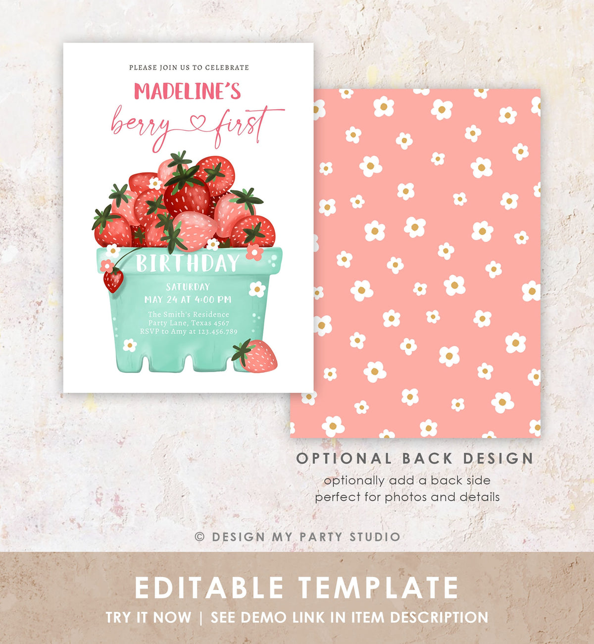 Editable Strawberry Birthday Invitation Berry First Birthday Berry Sweet Girl Strawberries 1 Digital Download Evite Template Printable 0506