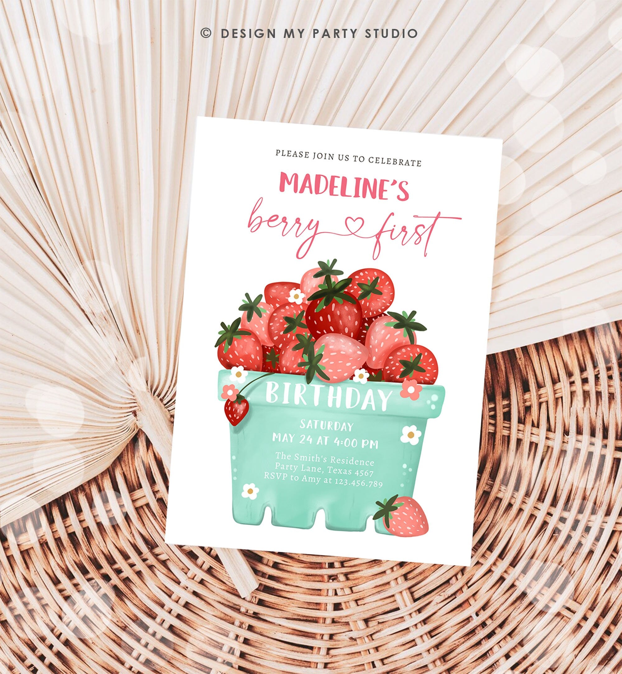 Editable Strawberry Birthday Invitation Berry First Birthday Berry Sweet Girl Strawberries 1 Download Printable Template Corjl Digital 0506