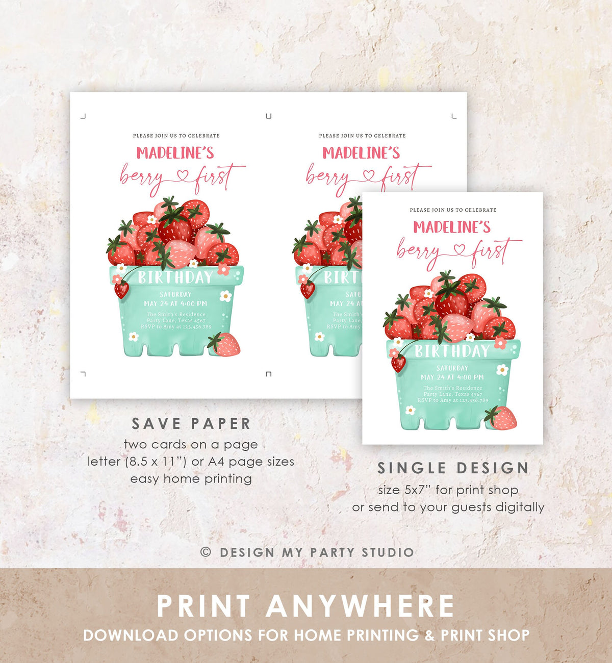 Editable Strawberry Birthday Invitation Berry First Birthday Berry Sweet Girl Strawberries 1 Digital Download Evite Template Printable 0506