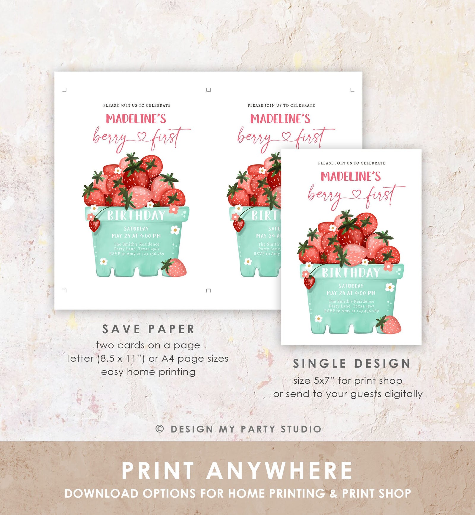Editable Strawberry Birthday Invitation Berry First Birthday Berry Sweet Girl Strawberries 1 Digital Download Evite Template Printable 0506