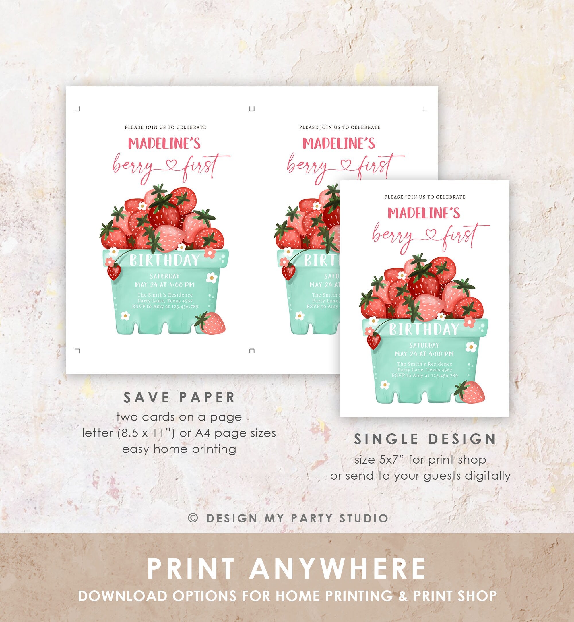 Editable Strawberry Birthday Invitation Berry First Birthday Berry Sweet Girl Strawberries 1 Digital Download Evite Template Printable 0506