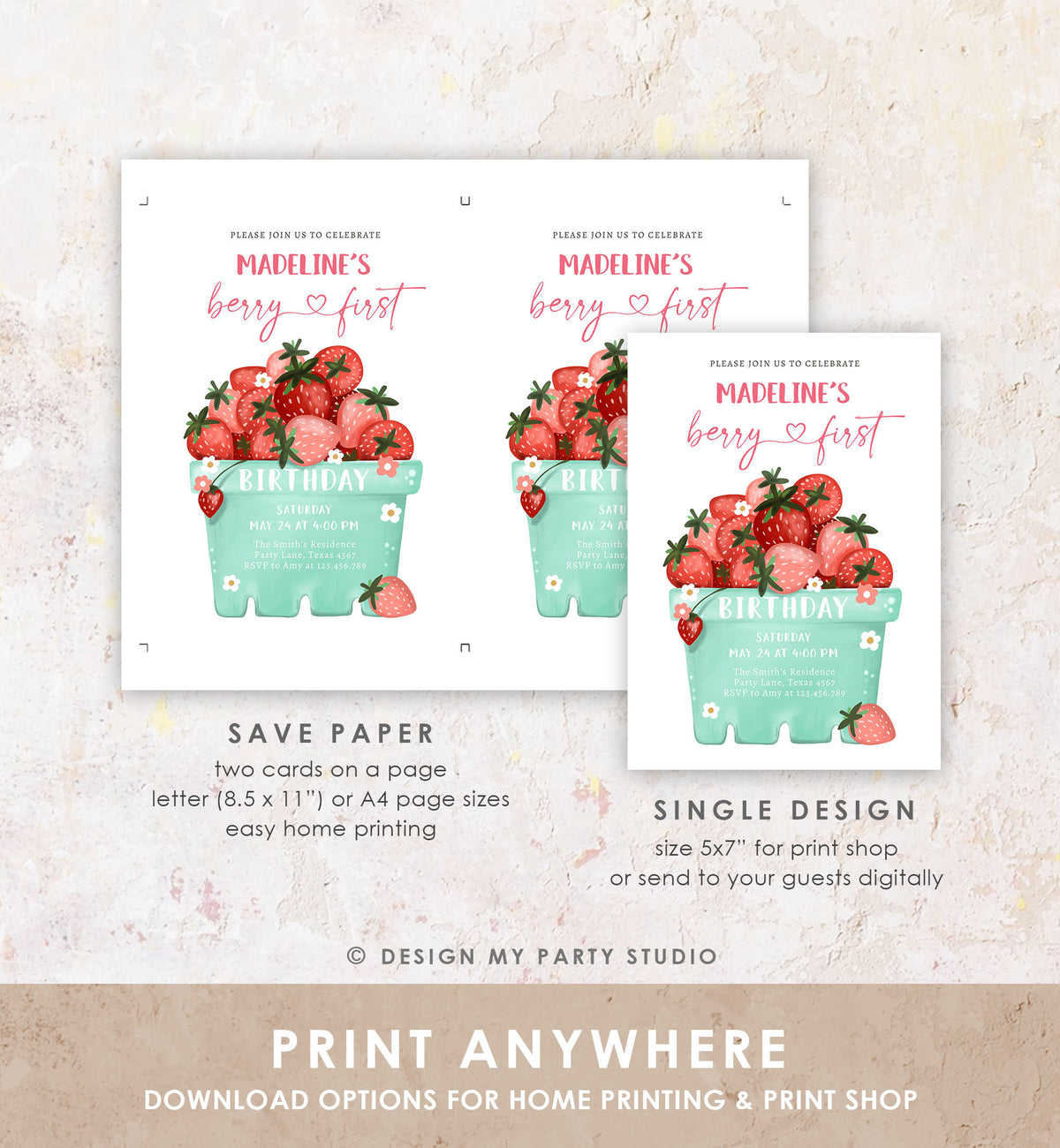 Editable Strawberry Birthday Invitation Berry First Berry Sweet Photo Strawberries 1 Digital Download Evite Template Printable 0506