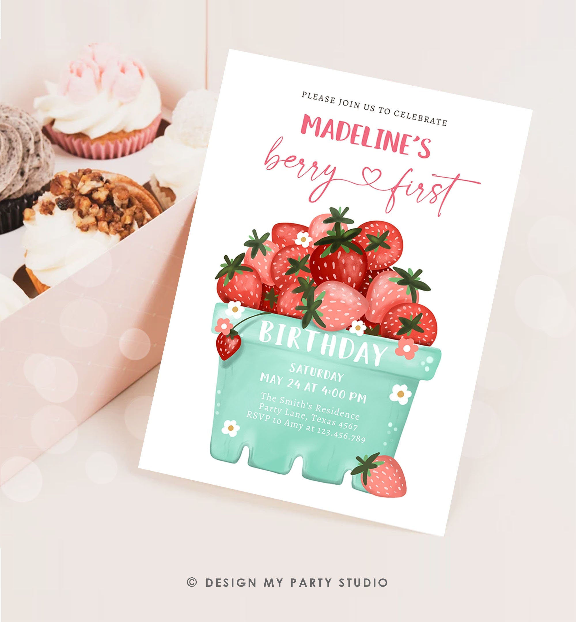 Editable Strawberry Birthday Invitation Berry First Berry Sweet Photo Strawberries 1 Digital Download Evite Template Printable 0506