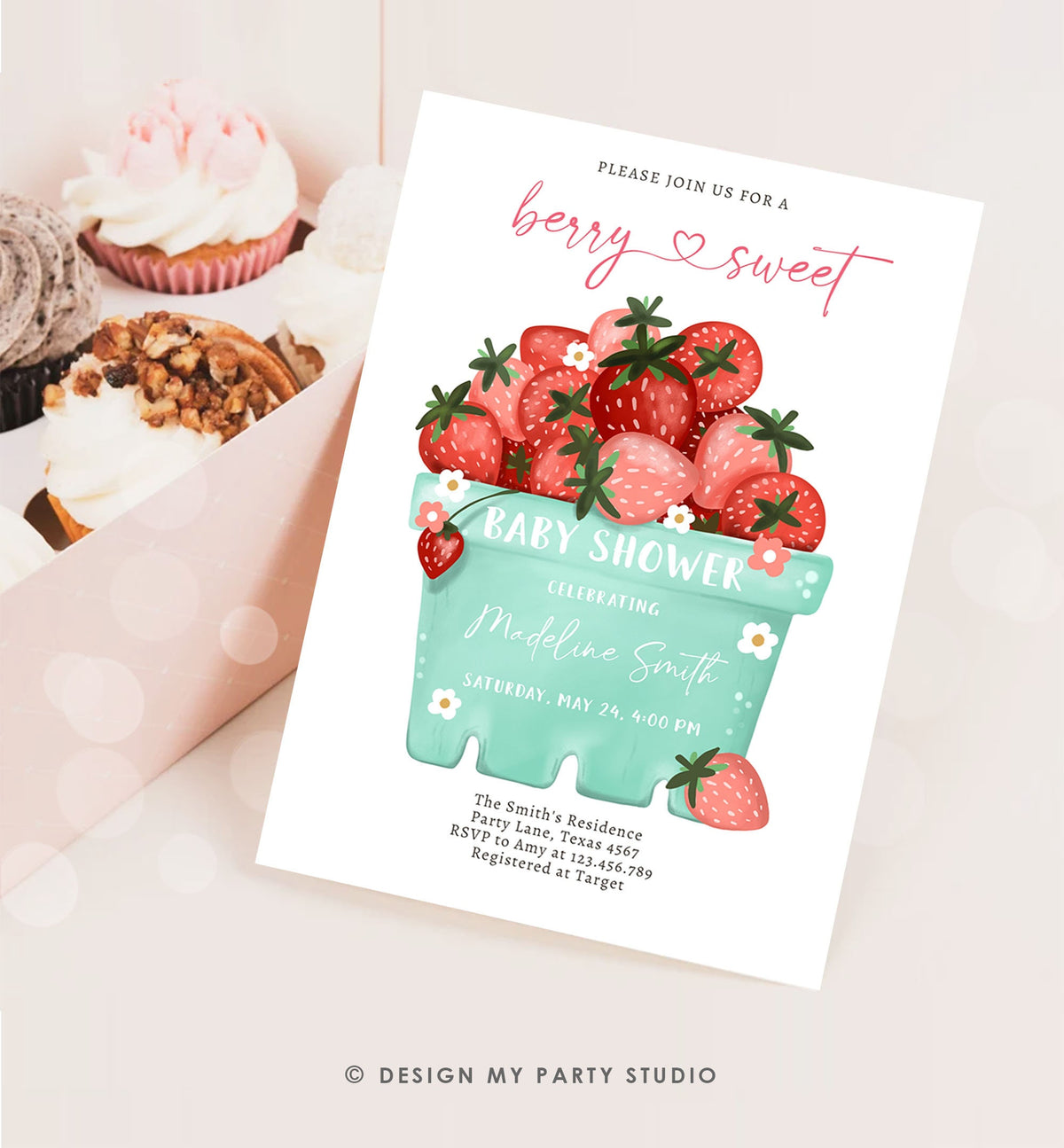 Editable Strawberry Baby Shower Invitation Cute Berry Sweet Baby Girl Strawberries Summer Digital Download Template Printable 0506
