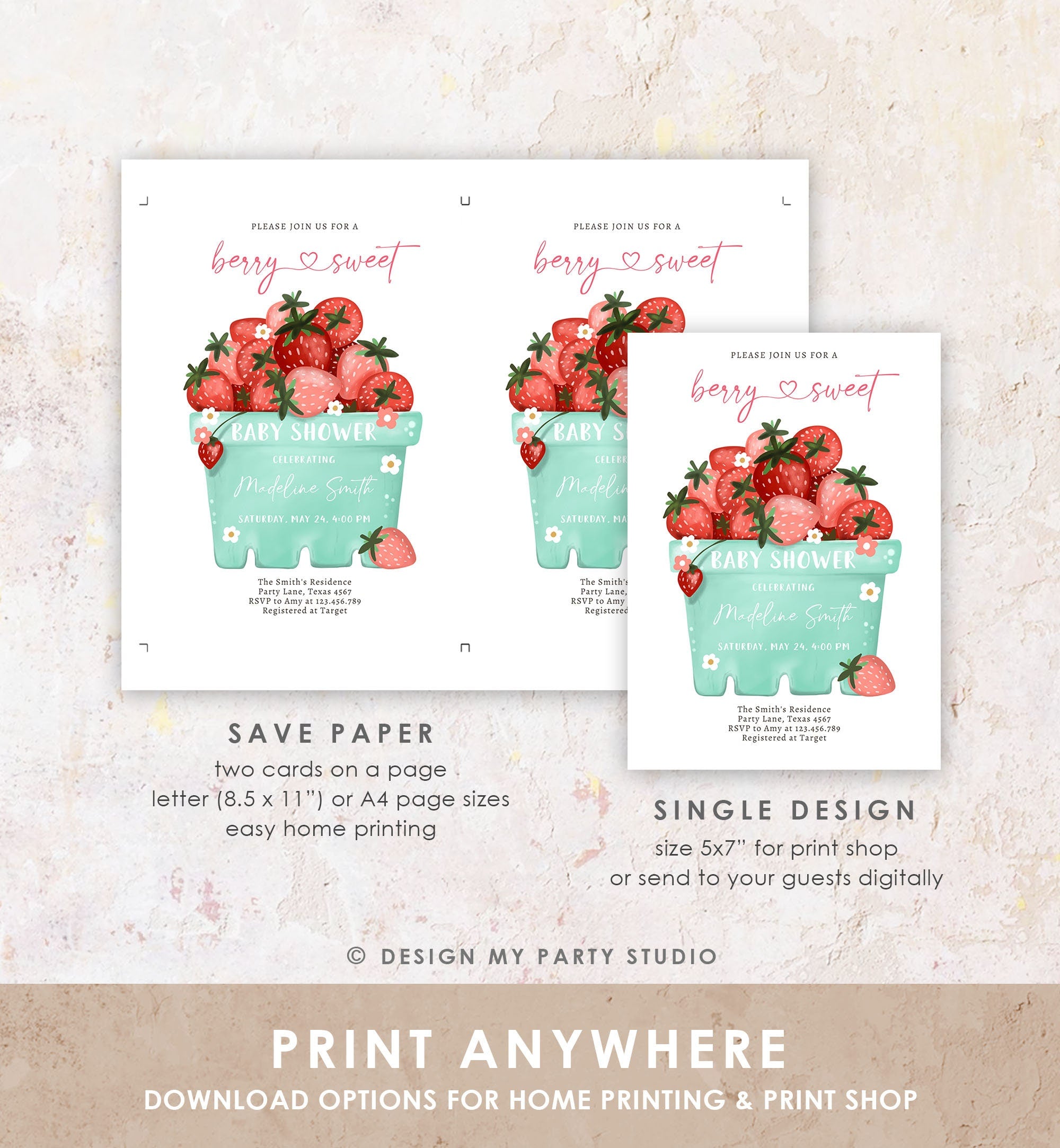 Editable Strawberry Baby Shower Invitation Cute Berry Sweet Baby Girl Strawberries Summer Digital Download Template Printable 0506