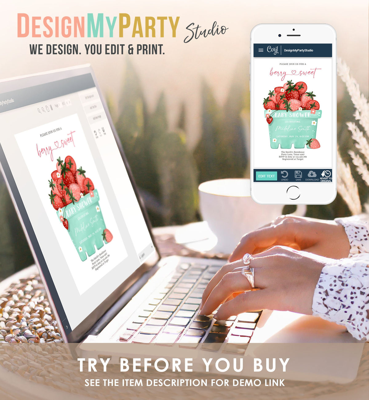 Editable Strawberry Baby Shower Invitation Cute Berry Sweet Baby Girl Strawberries Summer Digital Download Template Printable 0506