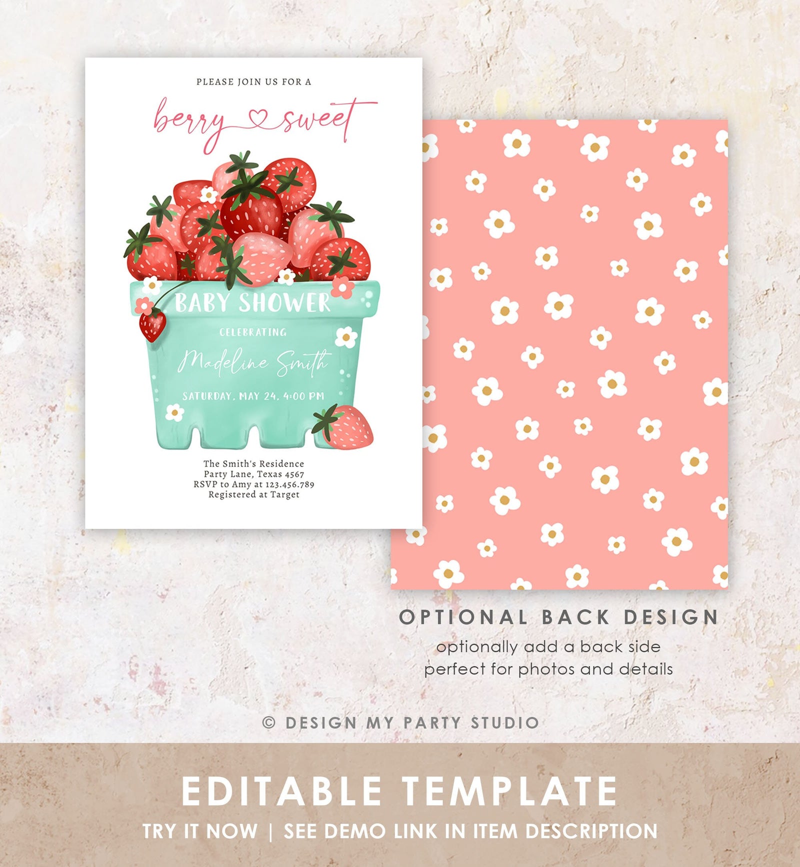 Editable Strawberry Baby Shower Invitation Cute Berry Sweet Baby Girl Strawberries Summer Digital Download Template Printable 0506