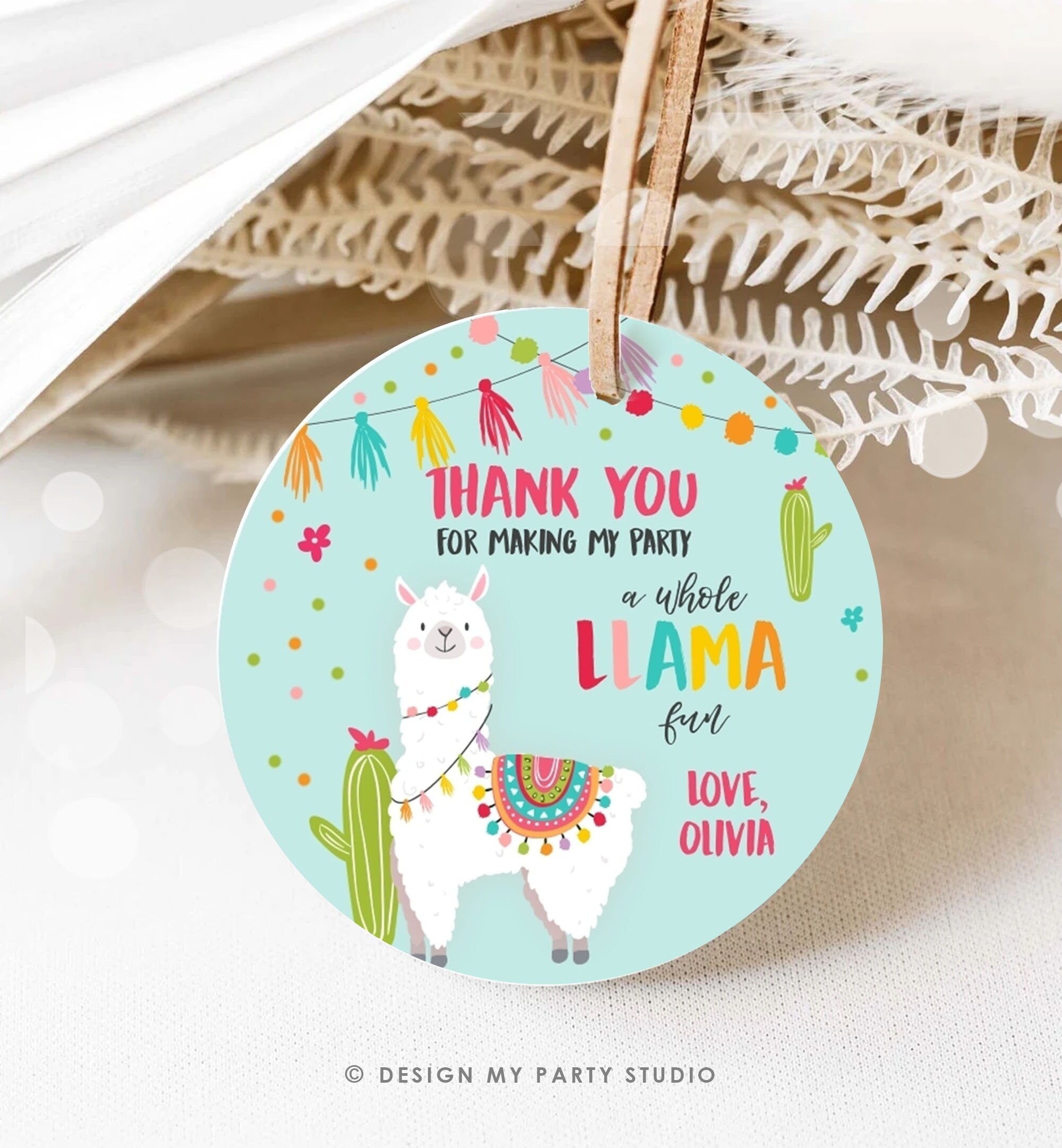 Editable Llama Thank You Favor Tags Baby Shower Llama Stickers Fiesta Cactus Alpaca Mexican Llama Birthday Girl Blue Corjl Template 0079