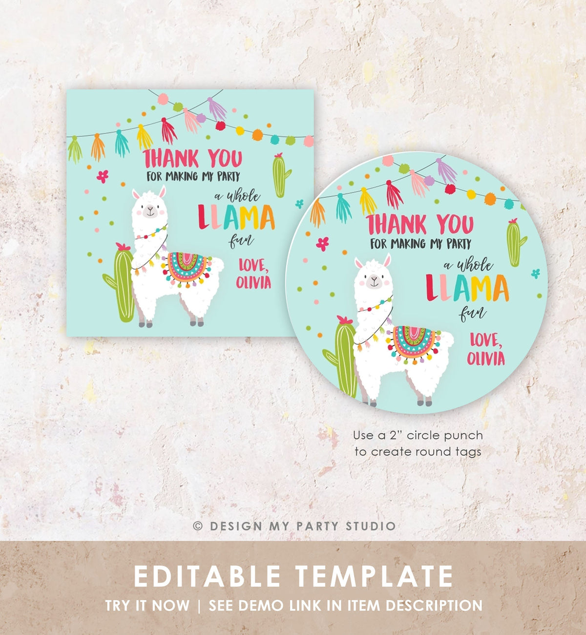 Editable Llama Thank You Favor Tags Baby Shower Llama Stickers Fiesta Cactus Alpaca Mexican Llama Birthday Girl Blue Corjl Template 0079