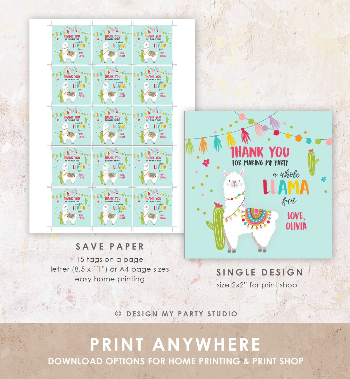 Editable Llama Thank You Favor Tags Baby Shower Llama Stickers Fiesta Cactus Alpaca Mexican Llama Birthday Girl Blue Corjl Template 0079