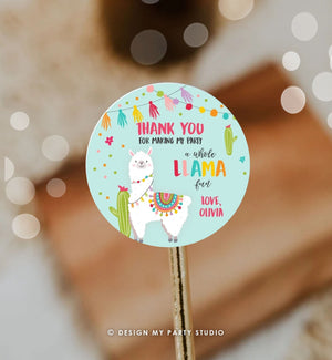 Editable Llama Thank You Favor Tags Baby Shower Llama Stickers Fiesta Cactus Alpaca Mexican Llama Birthday Girl Blue Corjl Template 0079