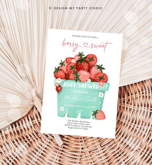 Editable Strawberry Baby Shower Invitation Cute Berry Sweet Baby Girl Strawberries Summer Download Printable Template Corjl Digital 0506