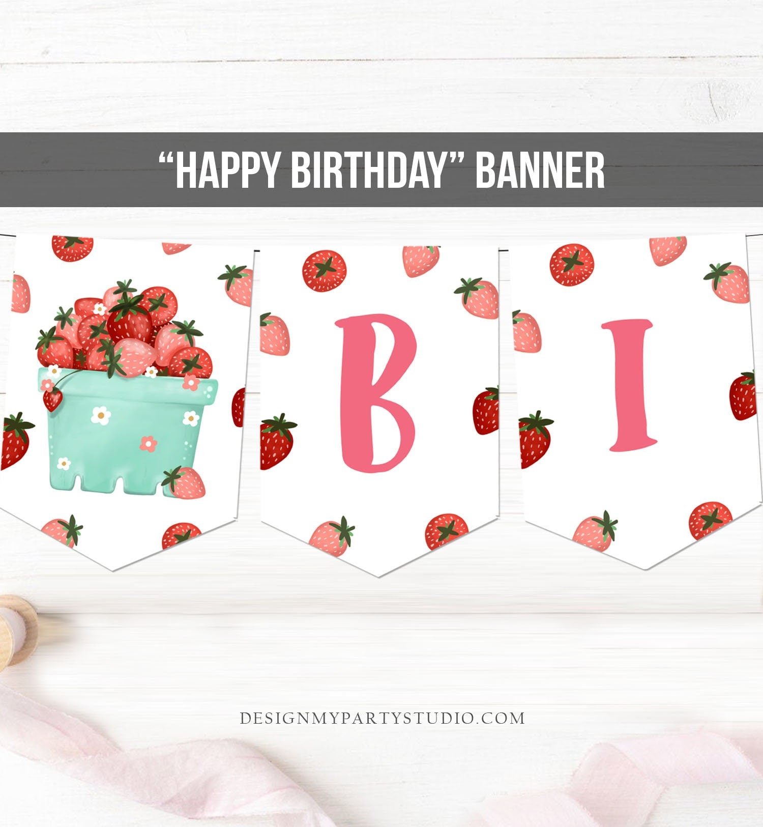 Happy Birthday Banner Strawberry Birthday Banner Girl Strawberries Decorations Berry First 1st Instant download PRINTABLE DIGITAL DIY 0506