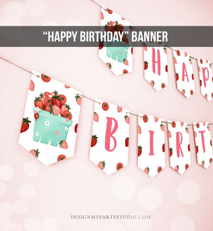 Happy Birthday Banner Strawberry Birthday Banner Girl Strawberries Decorations Berry First 1st Instant download PRINTABLE DIGITAL DIY 0506