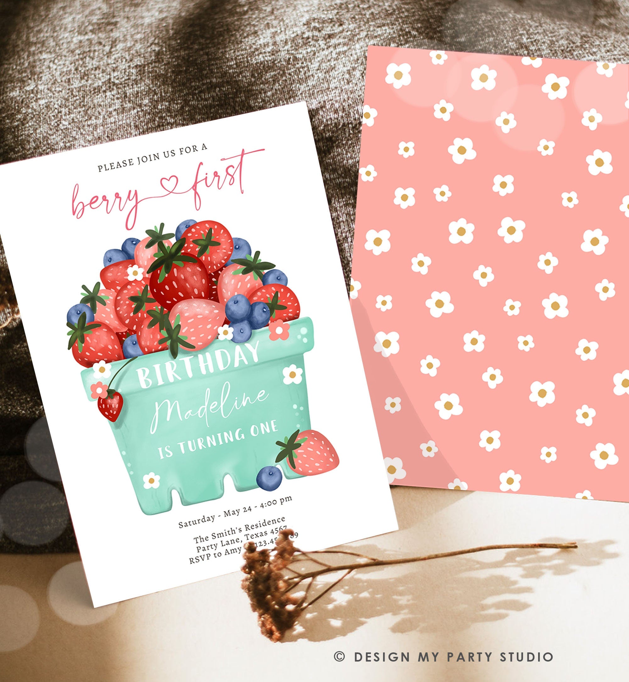 Editable Berry Sweet Birthday Invitation Blueberry Strawberry Picking Party Farmers Market Twin Digital Evite Template Printable 0506