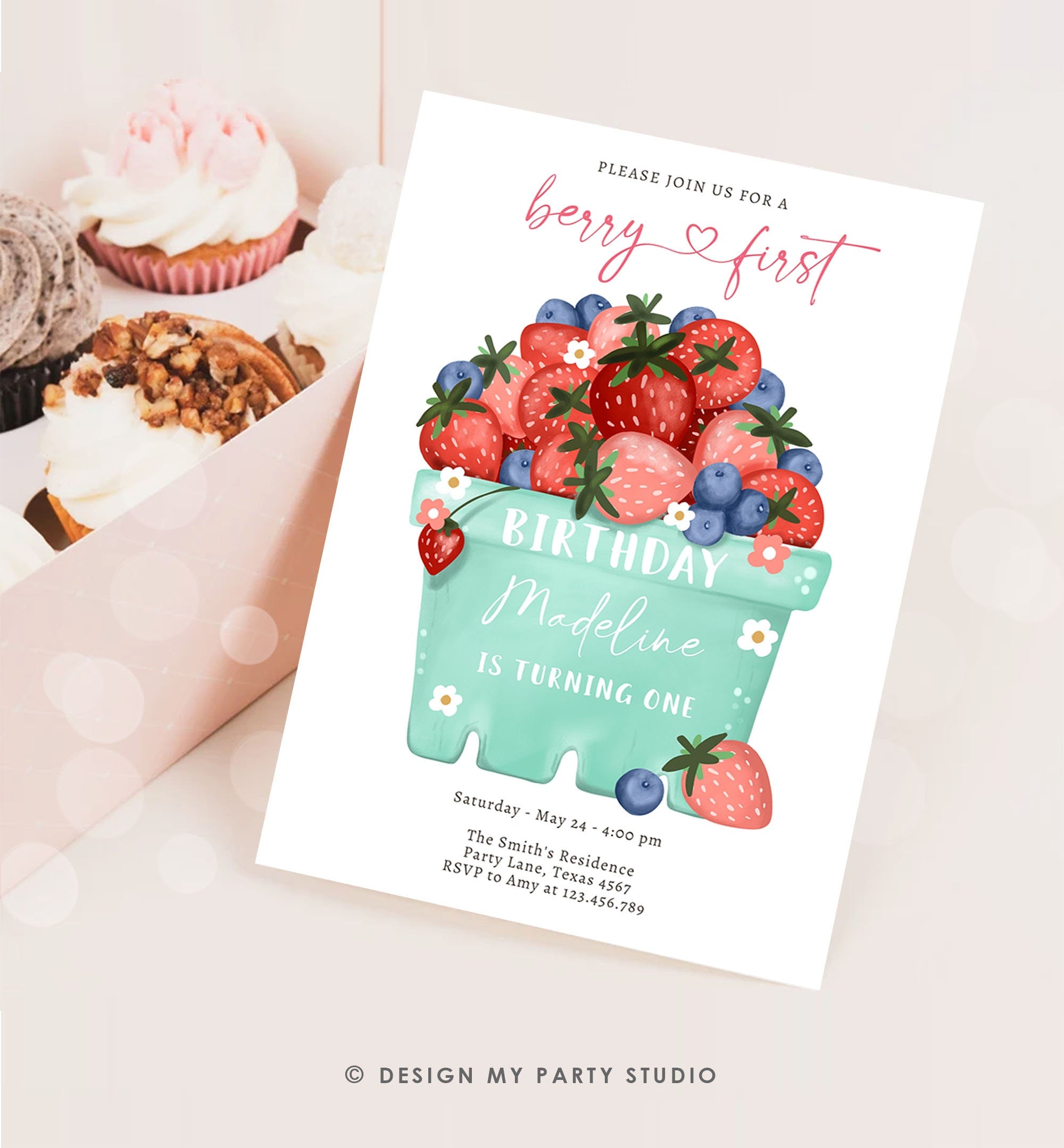 Editable Berry Sweet Birthday Invitation Blueberry Strawberry Picking Party Farmers Market Twin Digital Evite Template Printable 0506