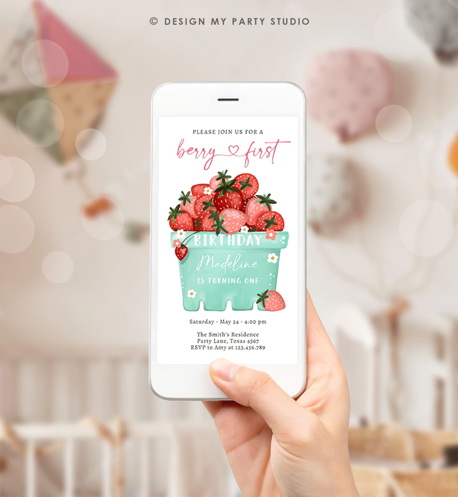 Editable Berry First Birthday Evite Electronic Strawberry Birthday Berry Sweet Strawberries 1st Digital Download Phone Template 0506