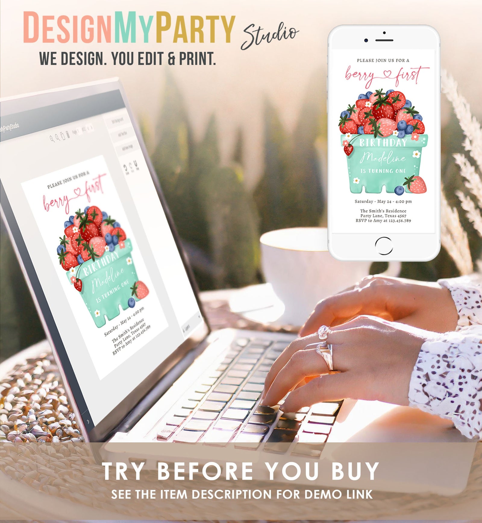 Editable Berry Sweet Birthday Evite Electronic Blueberry Strawberry Picking Party Farmers Market Phone Digital Download Template 0506