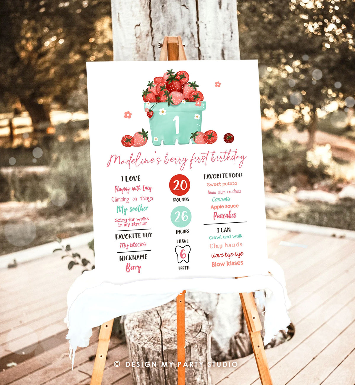 Editable Strawberry Birthday Milestones Sign Strawberry First Birthday Girl Strawberries Watercolor Digital Download Template Printable 0506