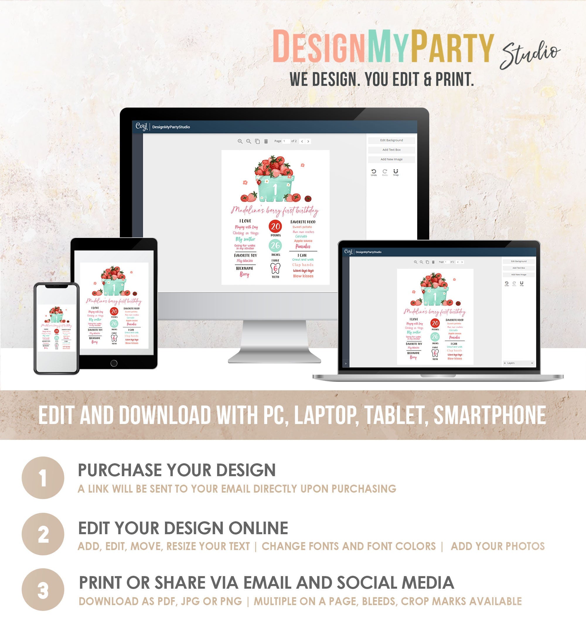 Editable Strawberry Birthday Milestones Sign Strawberry First Birthday Girl Strawberries Watercolor Digital Download Template Printable 0506