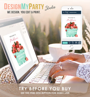 Editable Strawberry Welcome Sign Strawberry Birthday Party Welcome Farmers Market Girl Berry First Berry Sweet Template PRINTABLE Corjl 0506