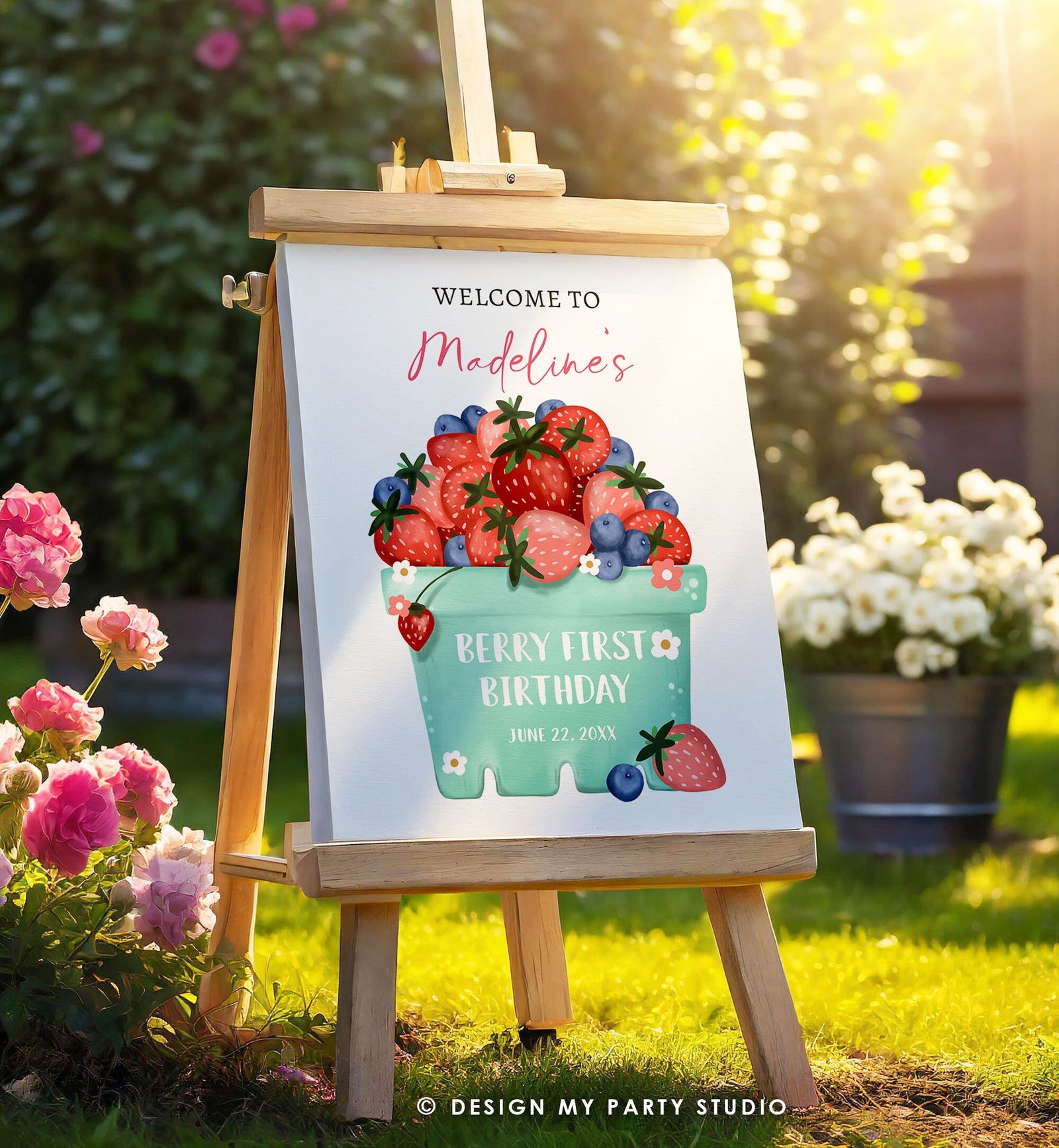 Editable Berry First Birthday Welcome Sign Strawberry Blueberry Party Welcome Farmers Market Berry Sweet Digital Template Printable 0506