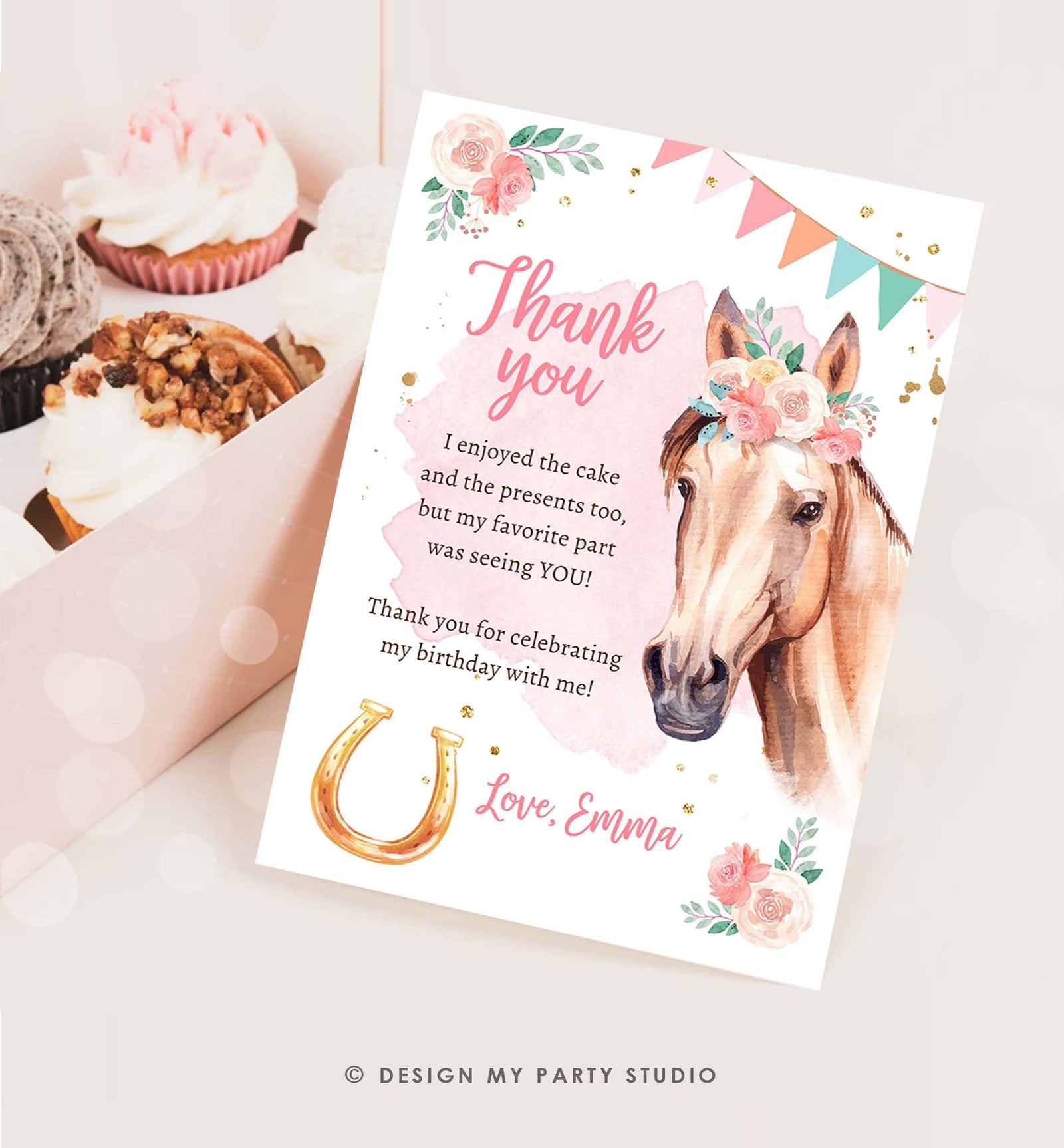 Editable Horse Birthday Thank You Card Card Girl Horse Party Cowgirl Pink Floral Flowers Saddle Up Download Digital Template Printable 0398