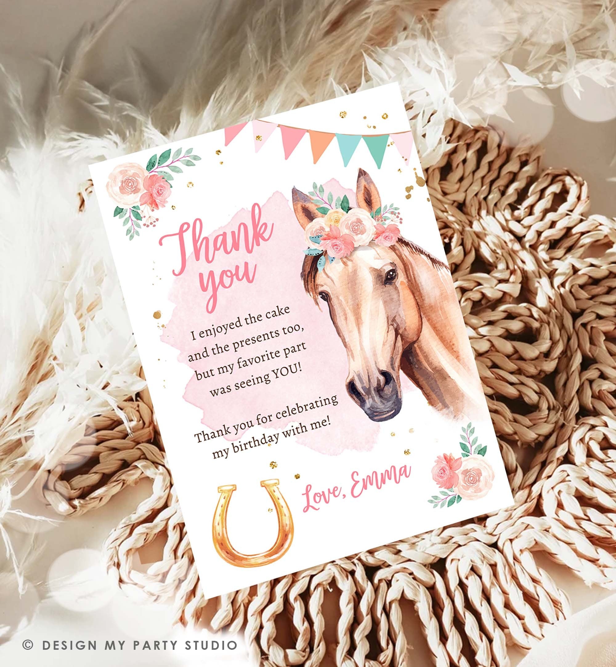 Editable Horse Birthday Thank You Card Card Girl Horse Party Cowgirl Pink Floral Flowers Saddle Up Download Digital Template Printable 0398