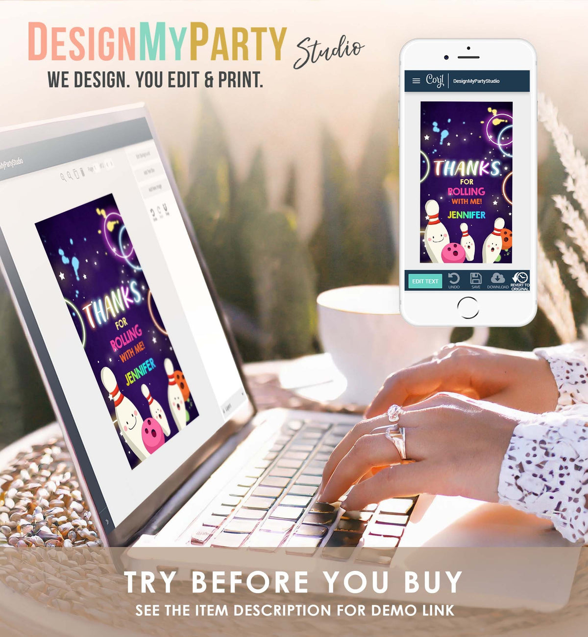 Editable Bowling Favor Tag Neon Glow Birthday Girl Bowling Thank You Tag Label tags Neon Pink Rolling With Me Labels Template Printable 0172