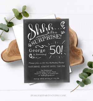 Editable ANY AGE Surprise Birthday Invitation Chalk Rustic Adult 50th Fifty Vintage Party Photo Shhh Download Printable Corjl Template 0102