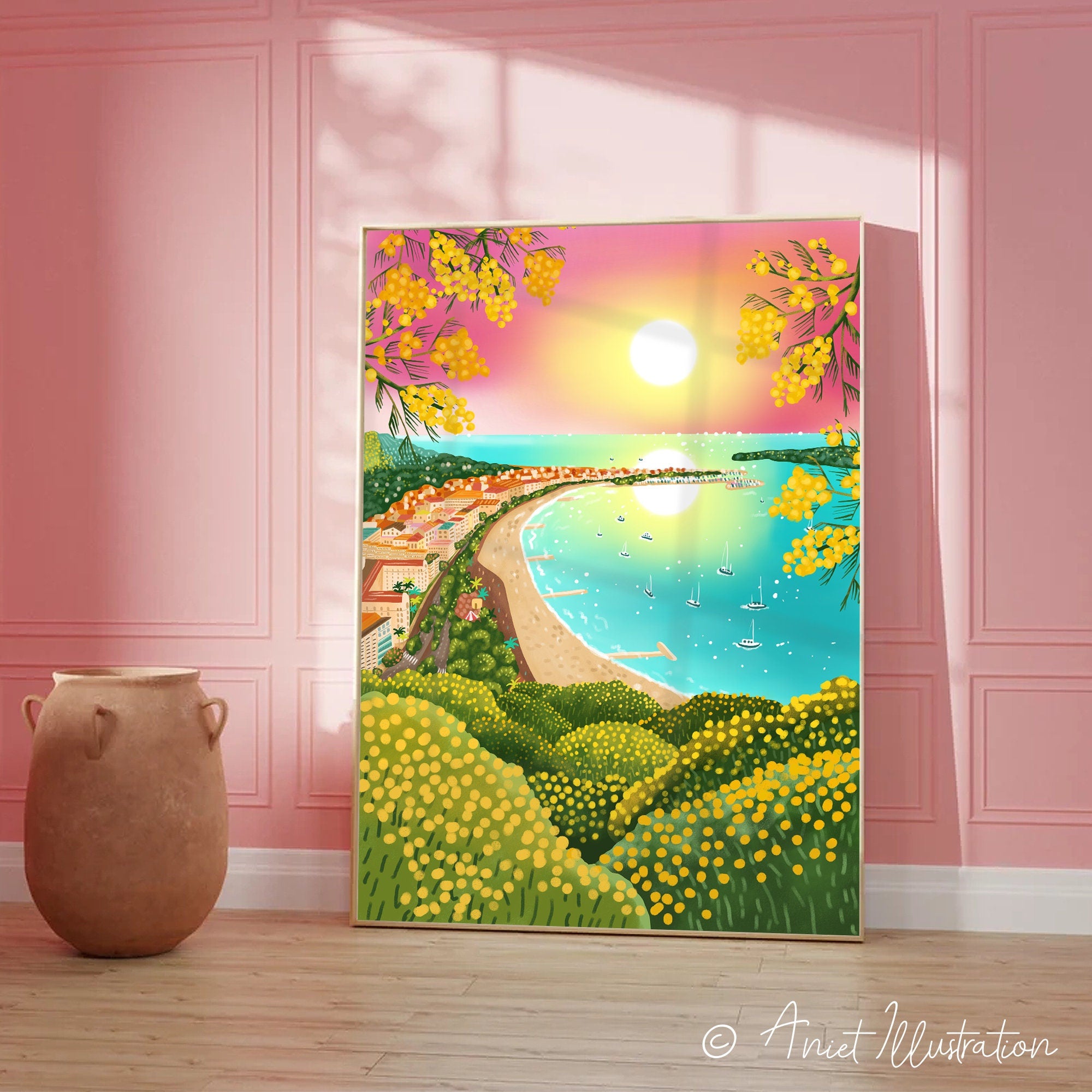 France Art Print Tropical Beach Wall Art Cannes Cote d'Azur Provence Travel Art Print Home Decor Mimosa Housewarming Gift Travel Poster 0511